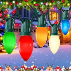50FT C9 Multicolor Christmas Lights Outdoor, Vintage Christmas Lights Green Wire with 50+5 Multicolored C9 Ceramic Bulbs, Hanging String Light for Xmas Tree Home Yard Party Decor, 7W, E17 Base