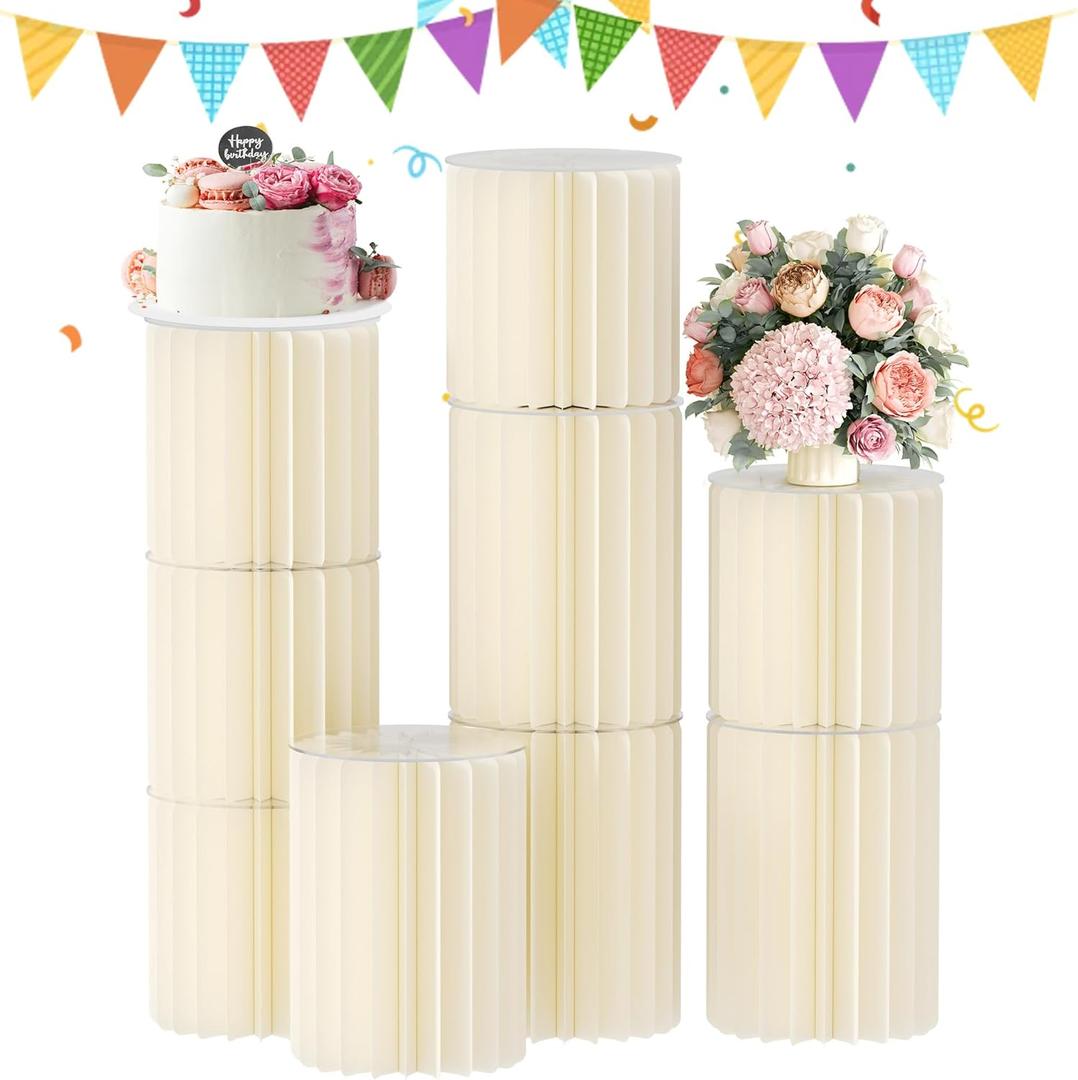Urban Deco Cylinder Stands for Party, 8PCS Cake Pedestal Stands for Parties, Foldable Cardboard Pillars with Acrylic Disc, Cilindros para Fiestas Redondos Blancos for Birthday Wedding Decor, White