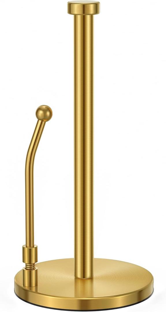 SMARTAKE Paper Towel Holder, Paper Towel Dispenser Standing Weighted Base Non Slip, Spring Arm Fit Most Size Paper Roll, Stainless Steel Kitchen Roll Stand for Home Kitchen Countertop Tabletop, Gold