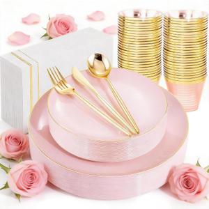 MirthMood 350PCS Pink Plastic Plates with Gold Rim  Plastic Plates Set Includes 50 Dinner,50 Dessert Plate,50 Cup&50 Napkins 150 Gold Silverware for Wedding&Birthday Parties&Valentine's Day
