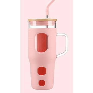 32 oz Glass Tumbler with Lid and Straw,Glass Water Bottles with Handle,Glass Cup with Time Marker and Silicone Sleeve, Fits in Cup Holder BPA Free-Pink