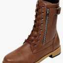 Women's Leather Chunky Heel Ankle Boots with Side Zipper Fashion Buckle Strap Comfortable Round Toe Low Heels Lace Up Combat Bootie Fall Winter Retro Casual Work Short Boots. Size C23/7