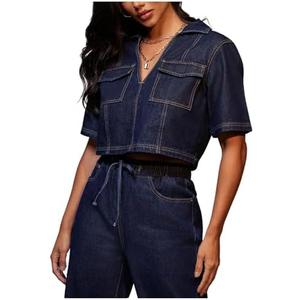 Floerns Women's Collared V Neck Denim Crop Tops Short Sleeve Casual Loose Jean Top M