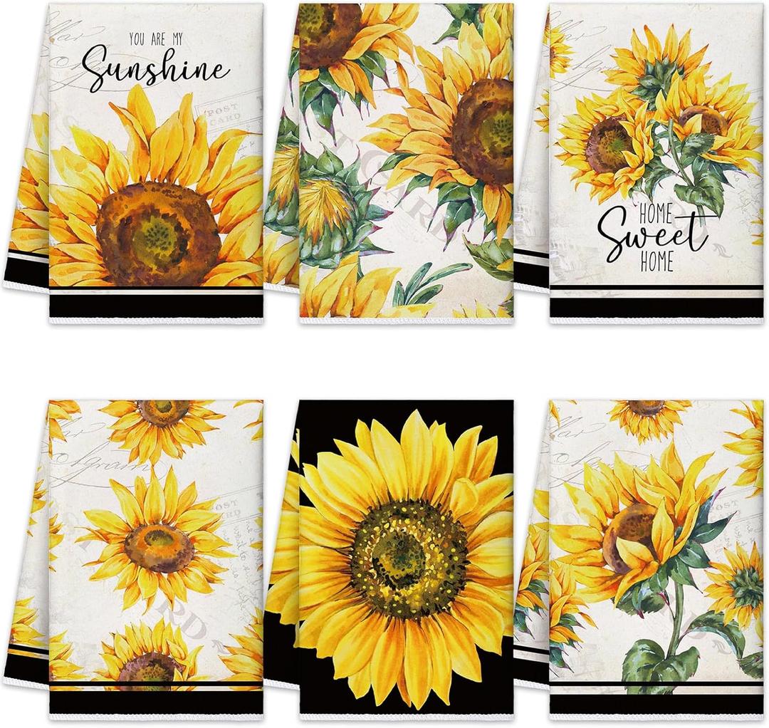 Oudain Sets of 6 Sunflower Kitchen Towels Spring Summer Flower Floral Sunshine Dish Hand Tea Towels Vintage Dishcloths Kit Novelty Gifts for Party Holiday Supply Bathroom Housewarming