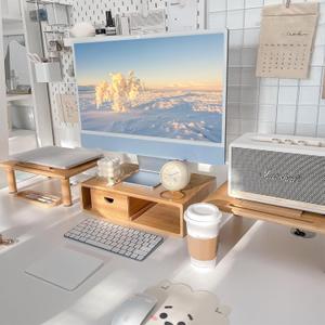 Dual Monitor Stand Riser with Drawer for Desk Laptop Desk Shelf with Adjustable Length and Angle, Bamboo Computer Stand Riser for 2 or 3 Monitors Screen Laptop PC TV - Natural