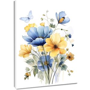 HVEST Vintage Wildflower Wall Art Blue and Yellow Flower and Leaves butterfly Abstract Painting Watercolor Plant Wall Art for Bathroom Living Room Bedroom Kitchen Decor Ready to Hang, 16Lx12W Inches