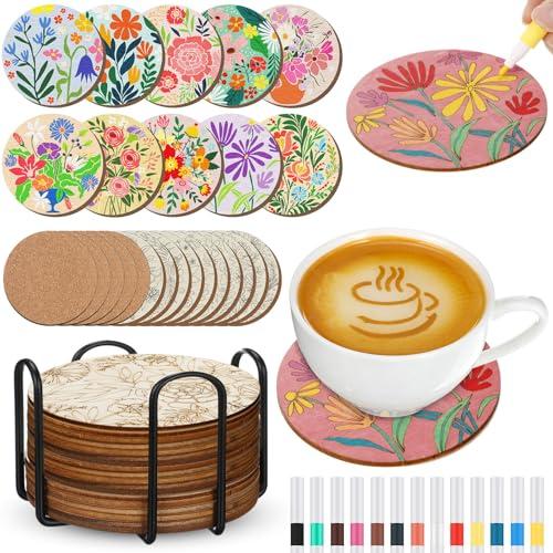 Reallnaive 45 Pcs Flower Wooden Coasters Painting Kit, 4 Inch Paint Your Own Boho Coasters with Markers, Mothers Day Arts and Crafts for Adults Women Seniors Elderly Crafters Gifts