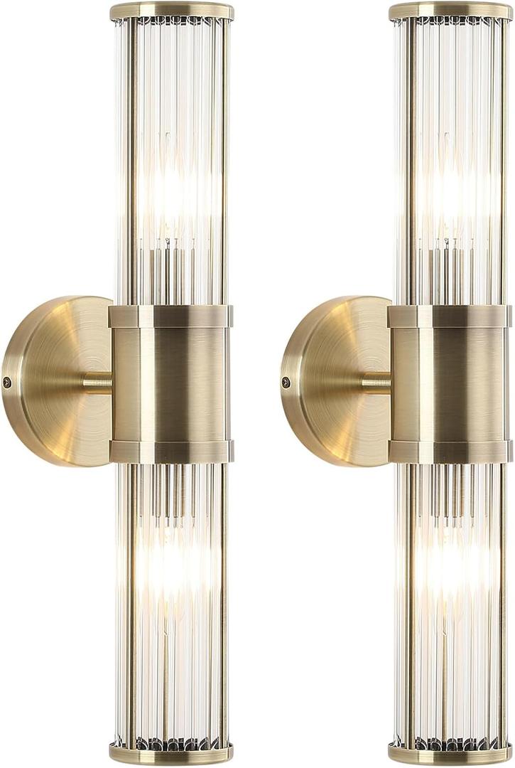 Brushed Bronze Wall Sconces Set of Two, Bathroom Sconces with Glass Rods Shade, Modern Vanity Sconces Lighting Over Mirror, Wall Light Fixtures for Living Room Bedroom (Bulbs Not Included), 19.69 inch