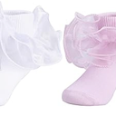 Dicry Baby Girls Double Lace Turn Cuff Socks with Big Ruffle for Infant Toddlers and Kids (6-8 Years, White, Pink- 2 Pairs)