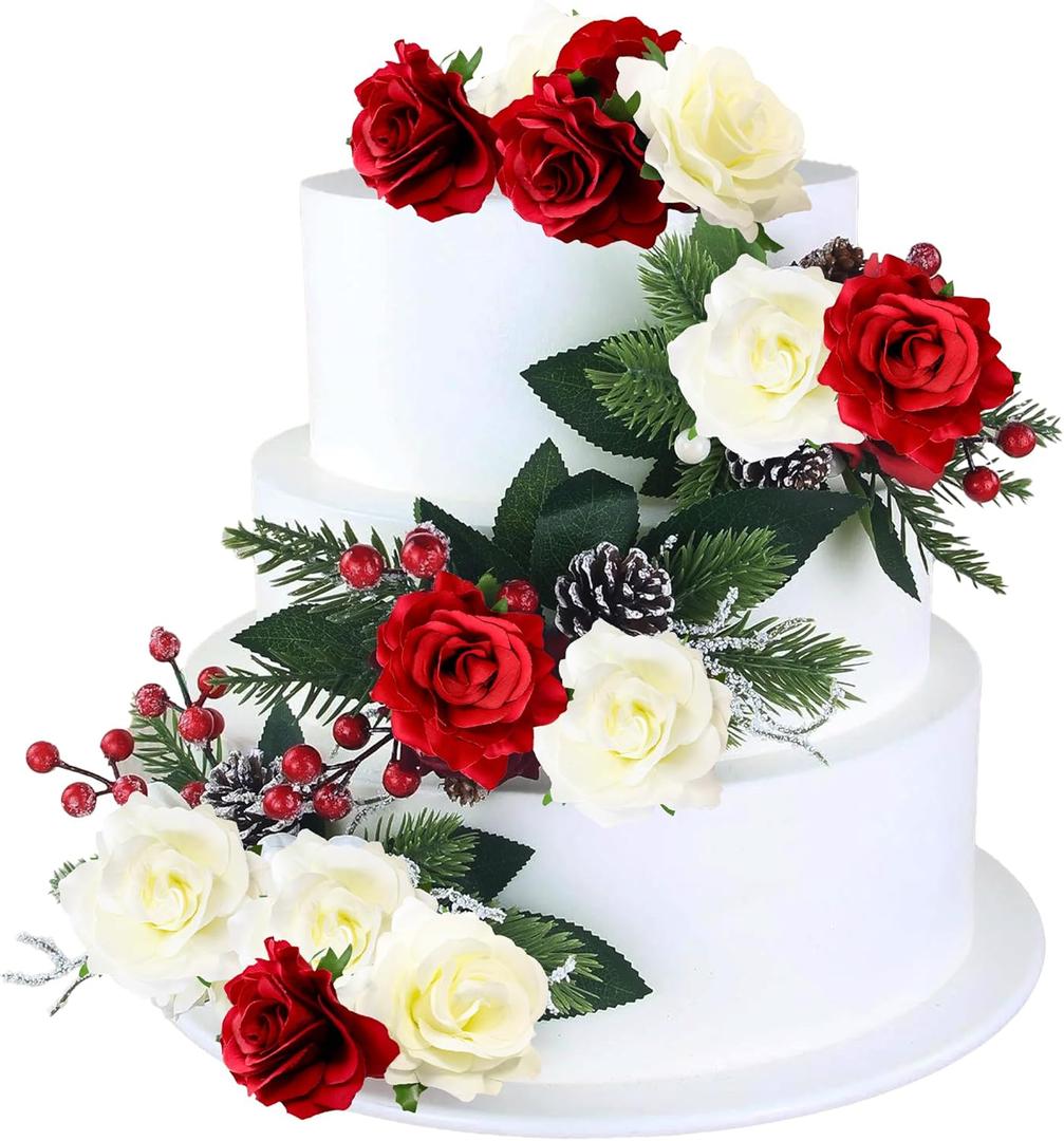 Gyufise 8Pcs Flower Cake Toppers Boho Cake Toppers Artificial Rose Cake Decorations for Women Birthday Baby Shower Wedding Valentine's Day Celebration Boho Party Supplies White Red