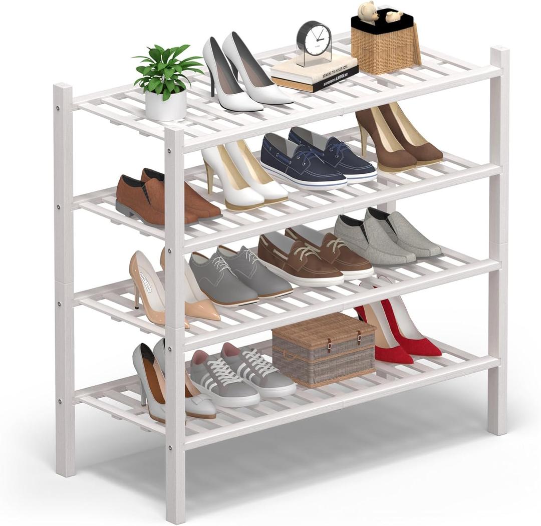 Haddockway 4 Tier Bamboo Shoe Rack Storage Organizer, Multifunctional Free Standing Stackable Shoe Shelf with Grid Panel for Closet,Hallway,Entryway,Small Space 27"x11"x26" (White)