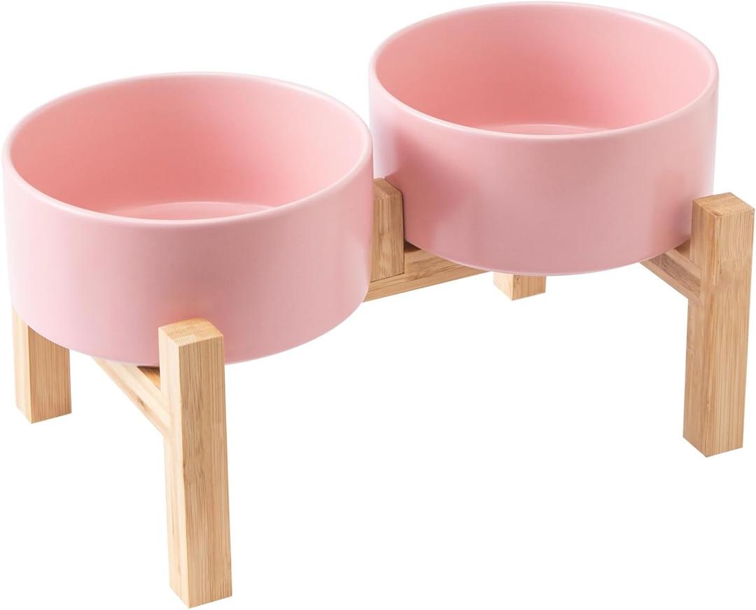 Raised Ceramic Dog Bowl Set - Elevated Dog Bowls with Non Slip Bamboo Stand, Food and Water Bowl Set for Small and Medium Breed Dogs, Pet Bowls, Weighted Dogs Dishes (6'', 2 * 30OZ, Pink)