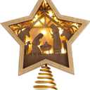 DEMDACO Gold Accented Wooden Star with Cutout Nativity Scene and Warm LED Shadow Box 10 x 8.5 Inches Christmas Tree Topper