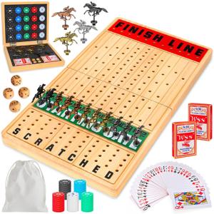 Large 21 Inches Horse Race Board Game, Horse Racing Games with Cards and Dice & 11 Luxury Metal Foals, Thickened Wood Chessboard, Classic Wooden Table Top Board Games for Adults and Family