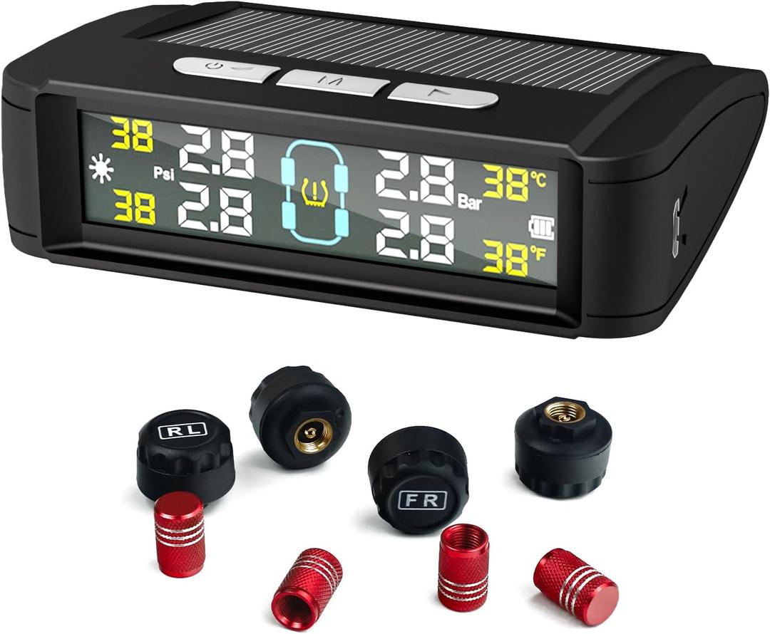 Tire Pressure Monitoring System, Wireless TPMS with Solar and USB Charger, 4 Sensors and 6 Alarm Modes, Real-time Tire Pressure Monitor for Car SUV Pickup with Extra 4 Tire Valve Stem Caps (0-87 PSI)
