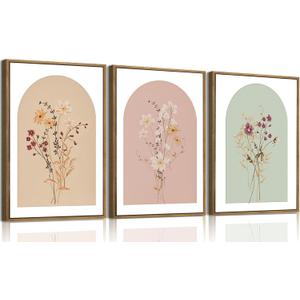 KISSFOX 3 Piece Framed Wall Art Botanical Wall Decor Floral Pictures Wildflower Canvas Art Pink Green Yellow Paintings Minimalist Boho Artwork For Girly Room Bedroom Apartment Living Room, 16x24 In Natural Framed