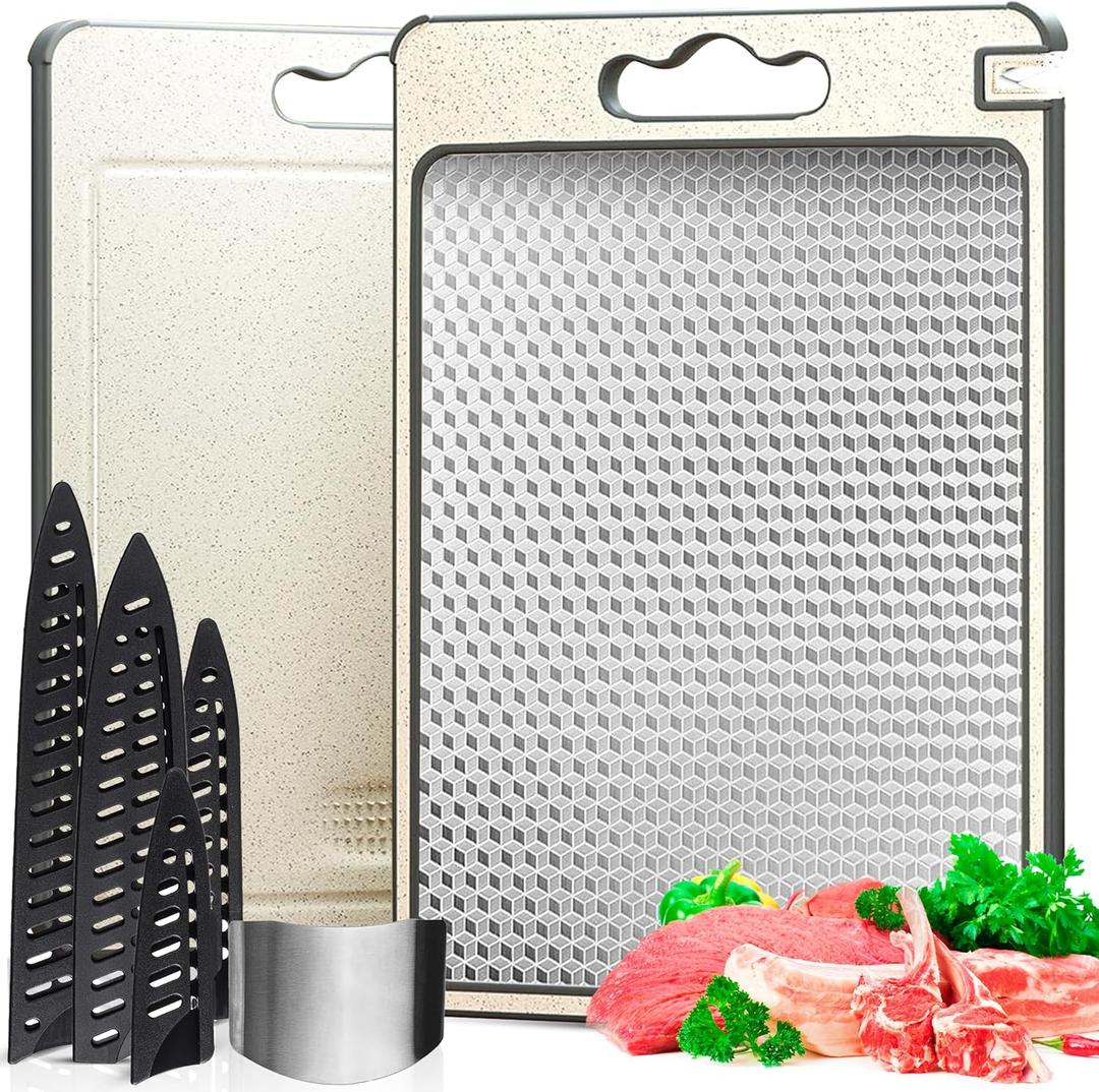 Pure 316 Stainless Steel Cutting Board Full Kit | Non-Toxic Scratch Resistant Chopping Boards for Kitchen | Dual Sided Metal & Wheat Straw with Knife Guards & Sharpener, Finger Guard, Juice Groove