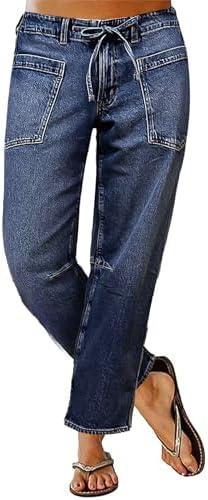 Flamingals Women's Mid Waist Straight Leg Jeans Drawstring Cropped Jeans Women Stretchy L