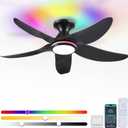 46" Ceiling Fans with Lights Remote/APP Control, Low Profile Ceiling Fans with Dimmable White Colors+Ring RGB Lights, 6 Speeds 5 Reversible Curved Blades for Kids Room Bedroom Living Room Bar, Black