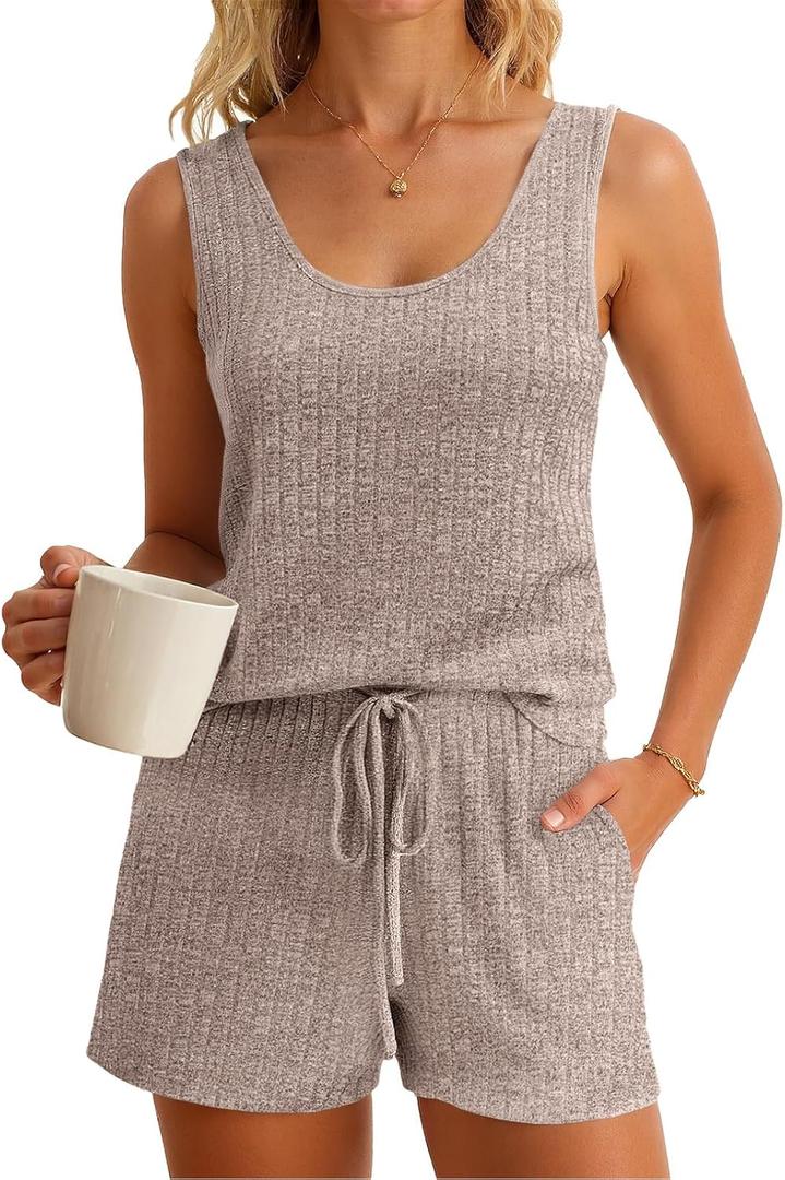 Imily Bela Womens Pajama Sets 2 Piece Sleeveless Summer Pjs Ribbed Knit Tank Top and Shorts Cute Lounge Sleepwear (Medium, Camel)