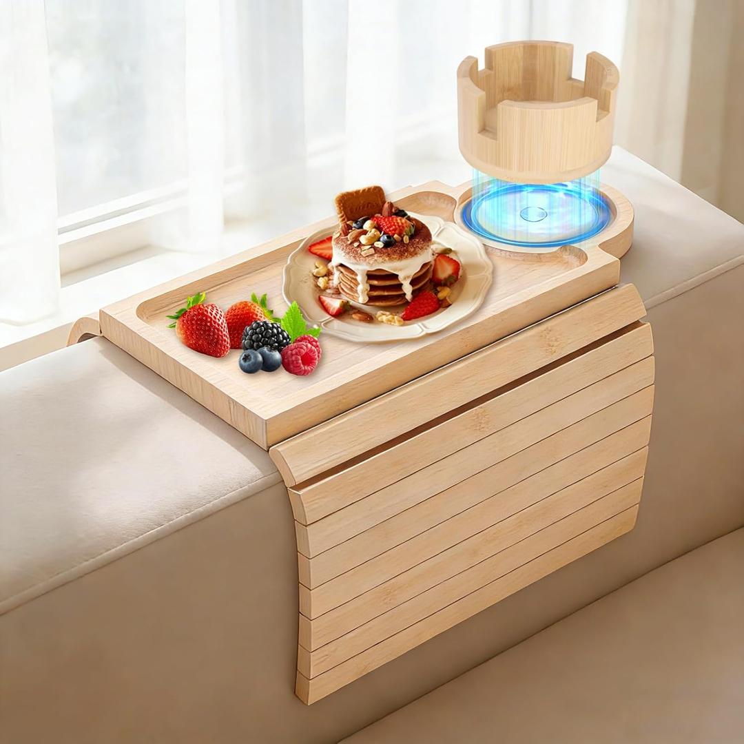 Couch Cup Holder Tray, 3-in-1 Bamboo Couch Armrest Table with 360 Rotating Magnetic and Detachable Phone Holder Stand, Foldable Anti-Slip Sofa Arm Tray for Remote, Phone, Snacks and Drinks
