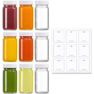 9 Pack 2 oz Glass Shot Bottles w/ White Lids & 9 Labels - Small Clear Jar for Ginger, Wellness Shot, Juice, Sample, Whiskey - Travel Essentials Mini Bottles - Wide Mouth, Leakproof, Dishwasher Safe
