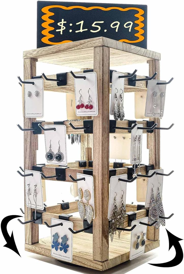 Wooden Rotating Jewelry Display Stand with Removable 48 Hooks Advertising Board, For Earring Cards Necklace Bracelet Keychain Jewelry Organizer For Selling For Vendor Events (Brown)