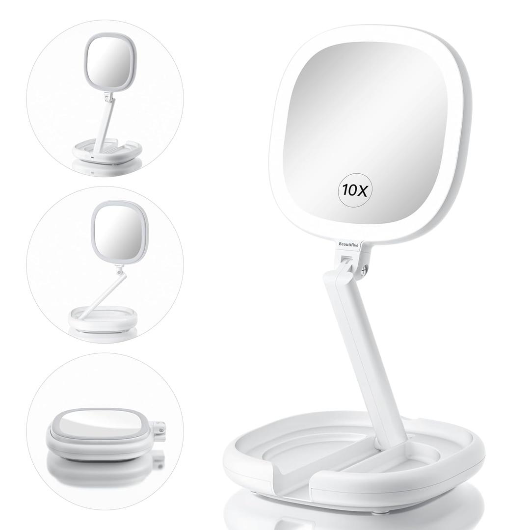 6.3 Makeup Mirror with Light and Magnification, 10X/1X Light Up Makeup Mirror Lighted Make Up Mirror with Adjustable Height Double Sides Folding Magnifying Mirror with Light (White)