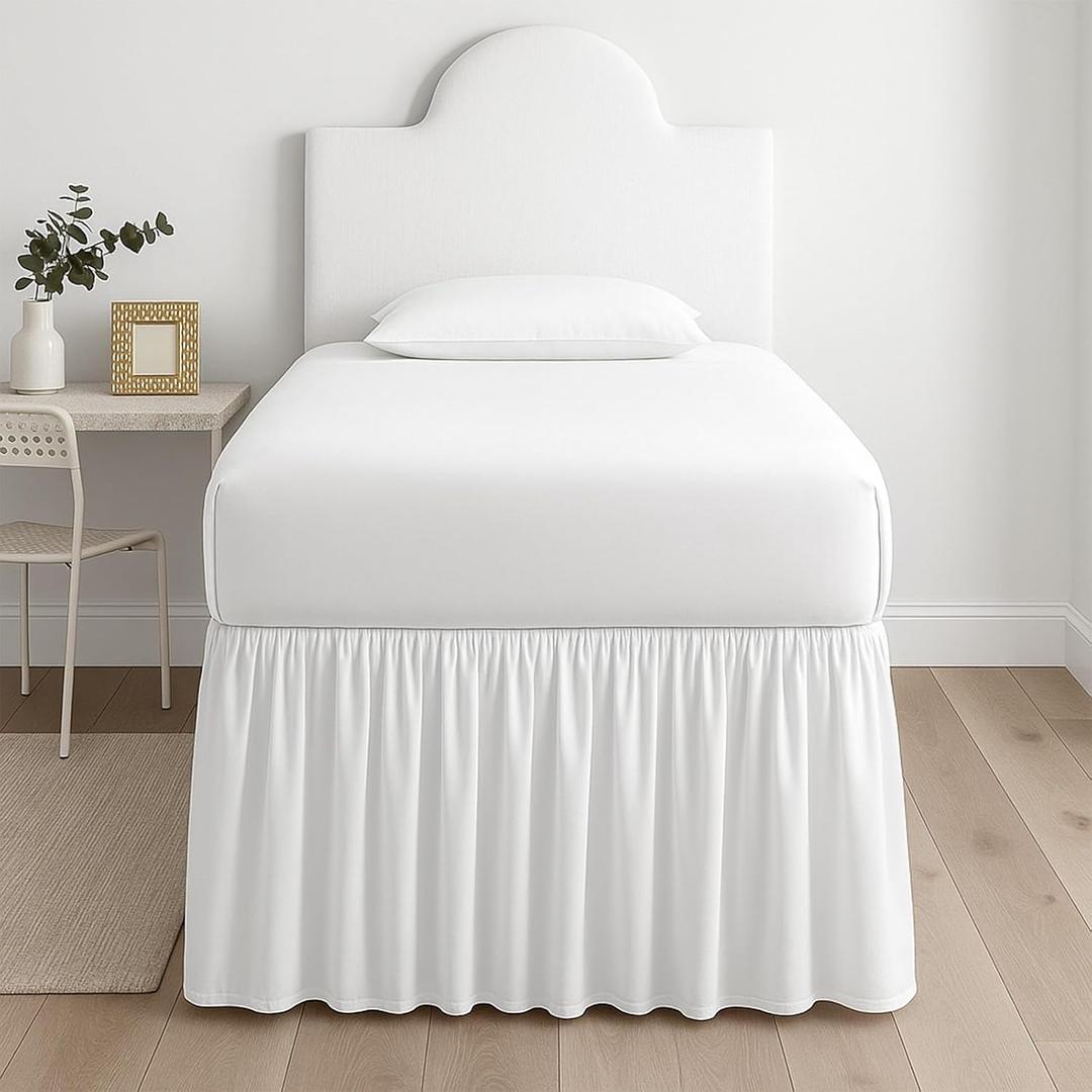 Premium Microfiber College Dorm Room Bed Skirt Twin XL 39" x 80", Extended 36" Drop, Split Corner Dust Ruffle, Wrinkle Resistant Durable Easy Care, White Solid
