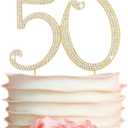 50 Cake Topper - Premium Gold Metal - 50th Birthday or Golden Anniversary Party Sparkly Rhinestone Decoration Makes a Great Centerpiece - Now Protected in a Box