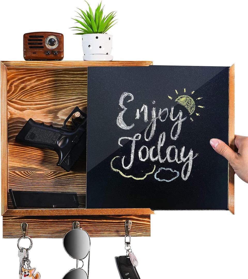 Hidden Gun Storage, Hidden Wall Gun Safe Pistol Rack Shelf with 3 Hooks for Secret Decor Concealment Furniture, Art Storage Cabinet Wooden Storage Shelves Indoor Picture Frame (Charcoal Brown)