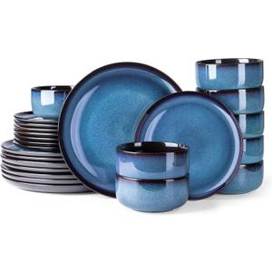 LERATIO Ceramic Dinnerware Sets for 8, Stoneware Plates and Bowls Sets, Reactive Glaze Dishes Set, Highly Chip and Crack Resistant | Dishwasher & Microwave & Oven Safe Dishes set, Service for 8-Blue(24pc)