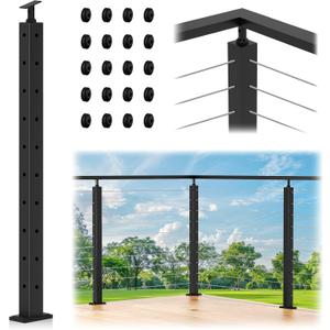 36" Black Corner Post Cable Railing, 90 Degree L-Drilled One-Post Corner Solution for Deck Railing System, Heavy-Duty Stainless Steel T304 Corner Handrail Post for Indoor Outdoor Deck Balcony