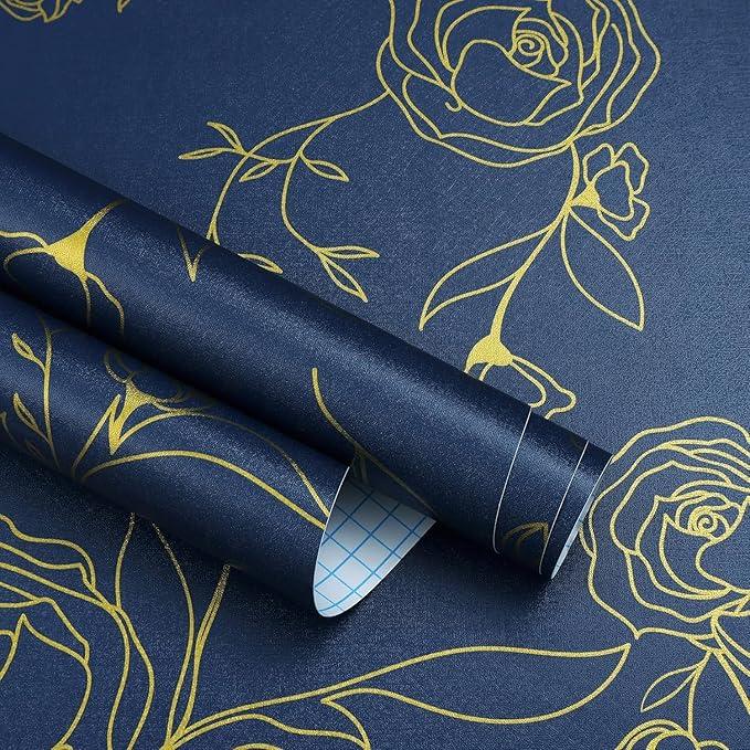 TEKCOOL 45 * 1200 Peel and Stick Wallpaper Gold and White Contact Paper Floral Wallpaper Self Adhesive Removable Wallpaper for Bedroom Covering Vinyl Rolls(Blue & Gold)