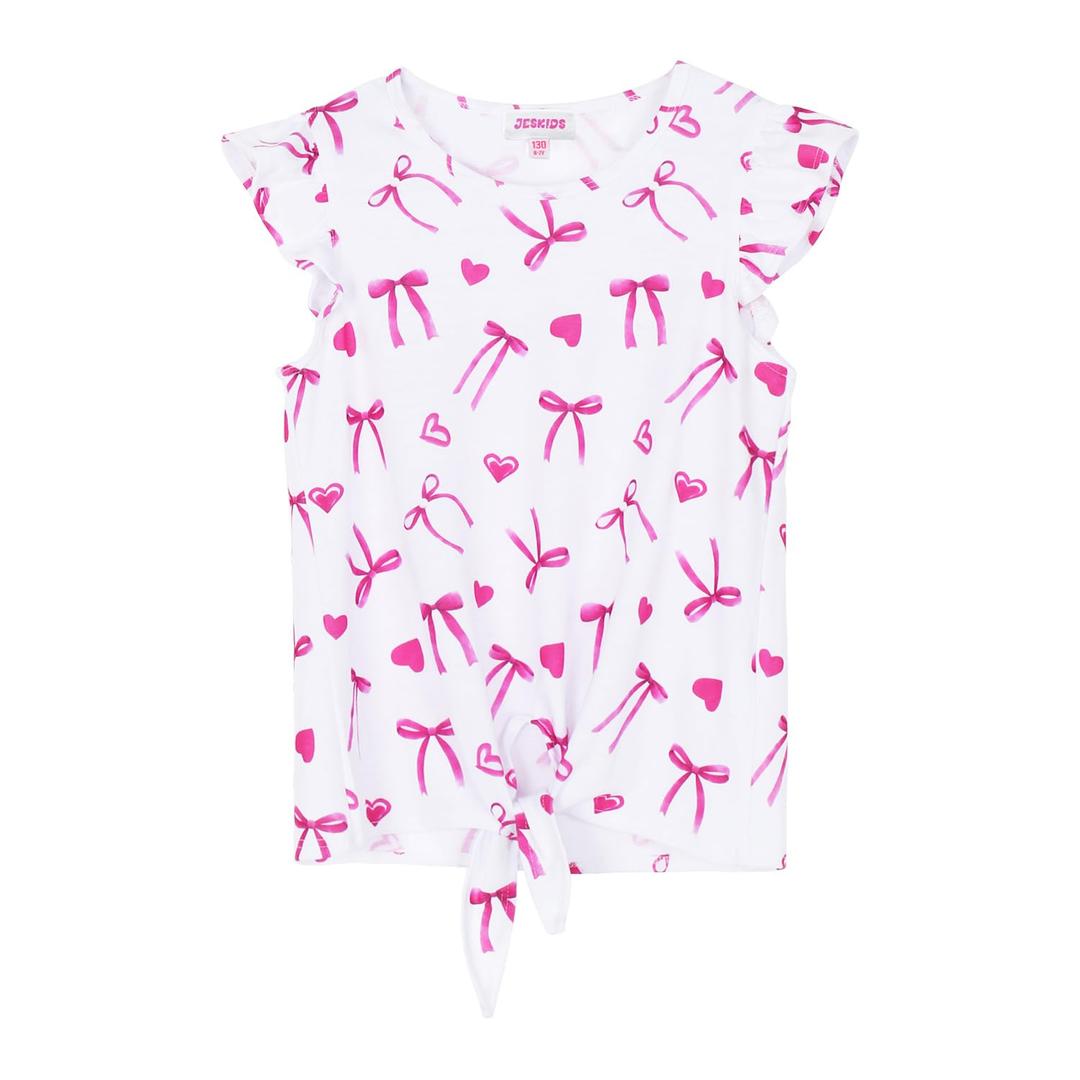 JESKIDS Girls Short Sleeve Shirts Ruffle Sleeve Tie Front Tie Dye Print Summer Tops Heart Bowknot 8-9 Years (White)