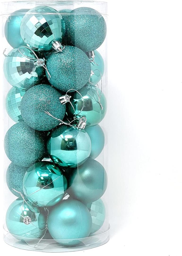 Allgala Christmas Balls 24 PK 2.33 Inch (6CM) Pre-Strung Shatter Proof Christmas Ornament Balls for Xmas Tree-4 Style-Turquoise
