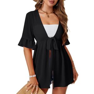 LYANER Women's V Neck Flounce Half Sleeve Tie Knot Front Coverup Beach Cardigan Blouse (X-Large, Black)
