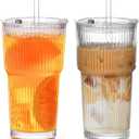 20oz Iced Coffee Cups with Lids,Coffee Bar Accessories, 2 Piece Ribbed Glass Cups with Lids and Straws, Vintage Glass Tumbler with Straw, Thicked Wall Drinking Glasses Ideal for Coffee