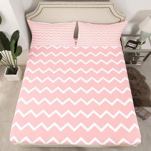 jejeloiu Pink White Wave Lines Fitted Sheet Twin Size for Kids Boys Girls Pastel Striped Bed Sheets Set 16" Deep Pocket Soft Microfiber Geometric Pattern Bedding with 1 Pillowcase Room Decor