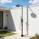 RBROHANT Freestanding Outdoor Shower with Hose Hookup, Height Adjustable Free Standing Outdoor Showers for Backyard Poolside,Hot and Cold or Cold Only, Floor Mounted, Matte Black, JK0466