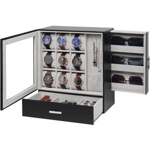 Jenseits 9-Slot Watch Box, Mens Jewelry Box with Glass Lid and Drawer, Leather Watch Organizer for Watches, Sunglasses, Vertical Watch Case Holder for Men Women, Gift Idea