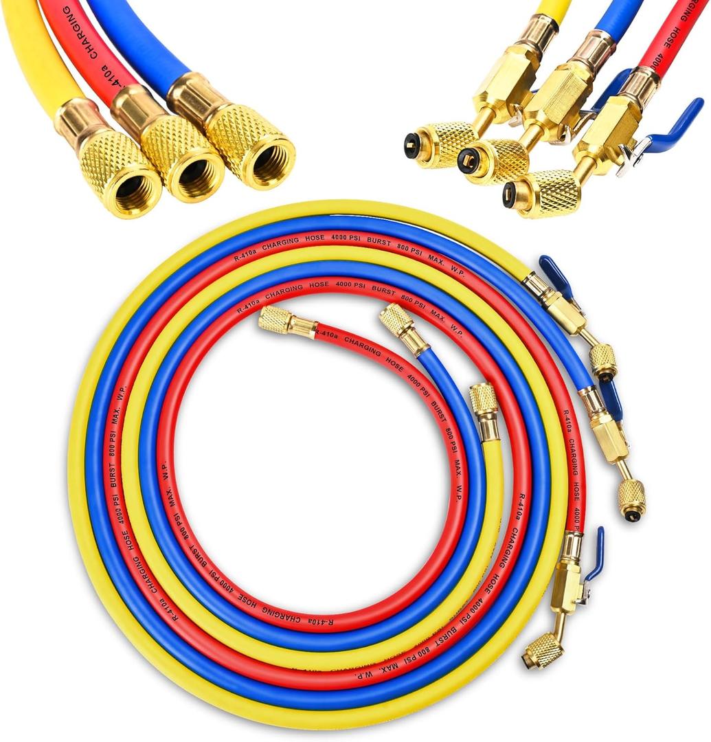 2025 New 29985 Plus II 1/4"HVAC Hose, 60" (5FT),with Compact Ball Valve, Refrigerant Hose with Standard 1/4" Flare Fittings, For Common Refrigerants, Red/Yellow/Blue, (Pack of 3)