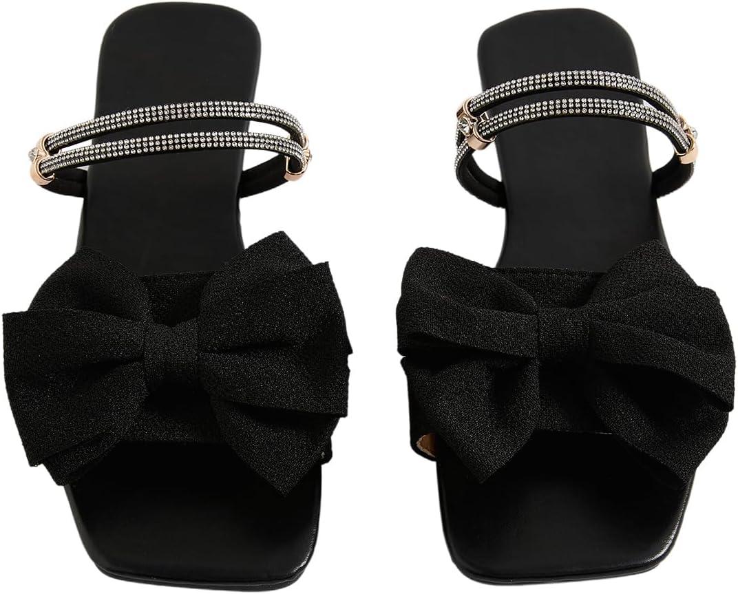 GORGLITTER Women's Bow Flat Sandals Dressy Rhinestone Slides Comfort Sandals Cute Slip On Shoes (8, Black)