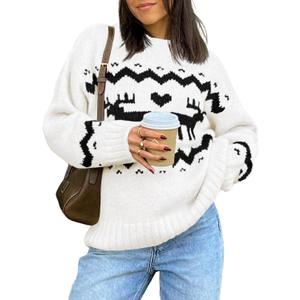 Saodimallsu Womens Oversized Christmas Sweaters Crewneck Chunky Reindeer Knit Long Sleeve Santa Xmas Pullover Sweater (Medium, White)