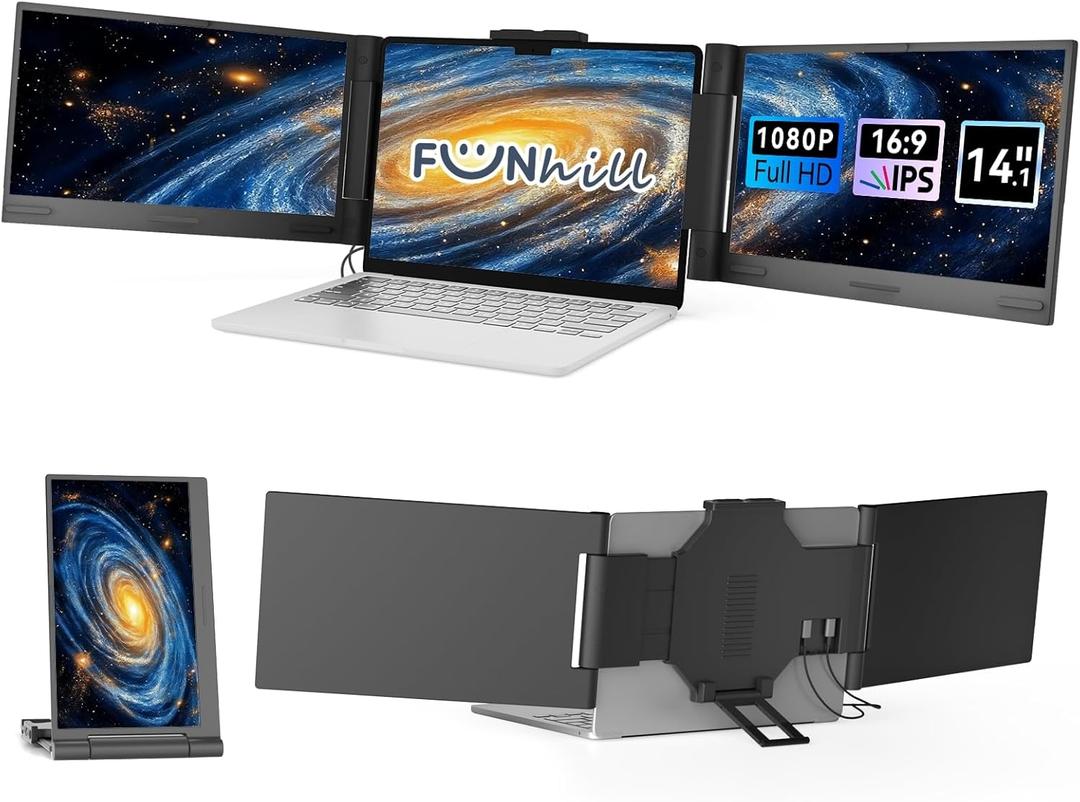 Laptop Screen Extender 14 inch Laptop Monitor Extender 1080P IPS, Triple Portable Monitor for Laptops 13-17.3" with USB-C DP/HDMI Port, Plug-Play Portable Screen for Windows/Mac/Chrome/Android