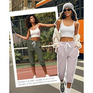 Ficerd 2 Pcs Women's Capri Sweatpants Joggers Summer Casual Sports Cropped Lounge Pants High Waisted Athletic with Pockets, M