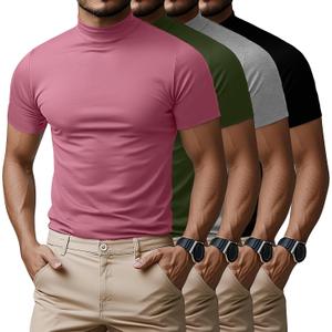 Ficerd 4 Pack Men's Mock Neck T Shirts, Short Sleeve Mock Turtleneck Undershirt Pullover Basic Tops Causal Solid Tee for Men (L)