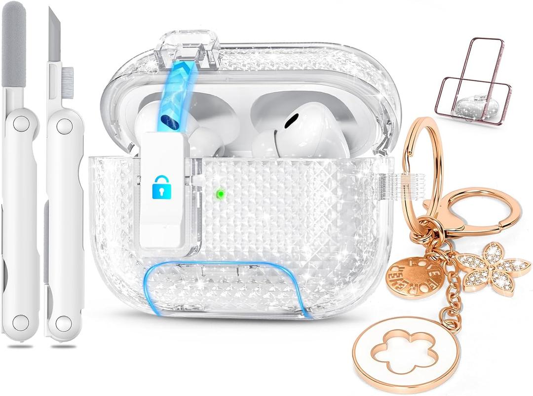 for Airpods Pro 2nd/1st Generation Case Shining Clear with Lock&Bling Keychain for Women&Girly,Cute Soft TPU Clear Cases Cove for Airpods Pro 2 Case with Cleaning Kit,Phone Holder Function