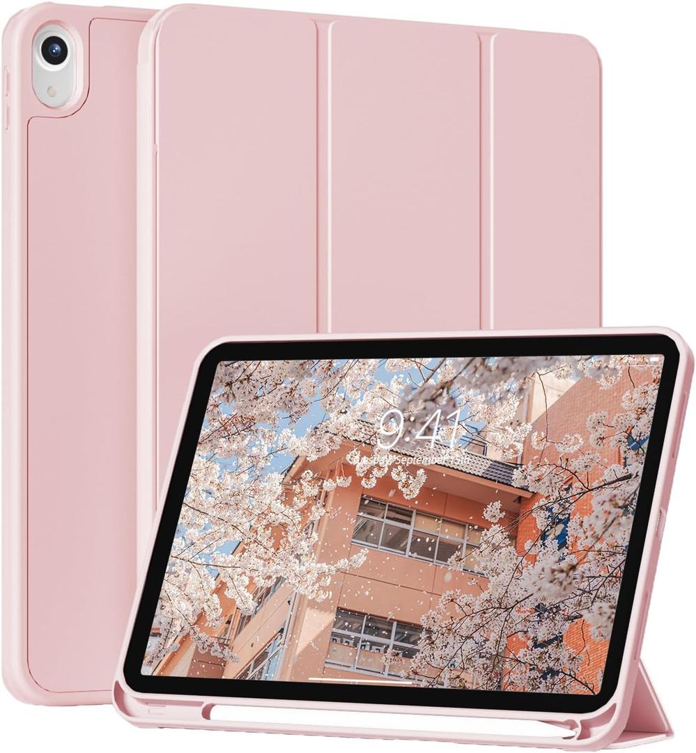 for New iPad (A16) 11th Generation Case 11 Inch 2025, iPad 10th Generation Case 2022 10.9 Inch with Pencil Holder, Trifold Stand with Soft TPU Back Cover, Support Touch ID, Auto Wake/Sleep, Pink
