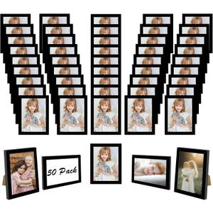 50 Packs 4x6 Picture Frame Black, Engineered Wood 4 x 6 Photo Frame, 4 by 6 Photo Poster Frame for Wall Hanging and Tabletop Set of 50, Black